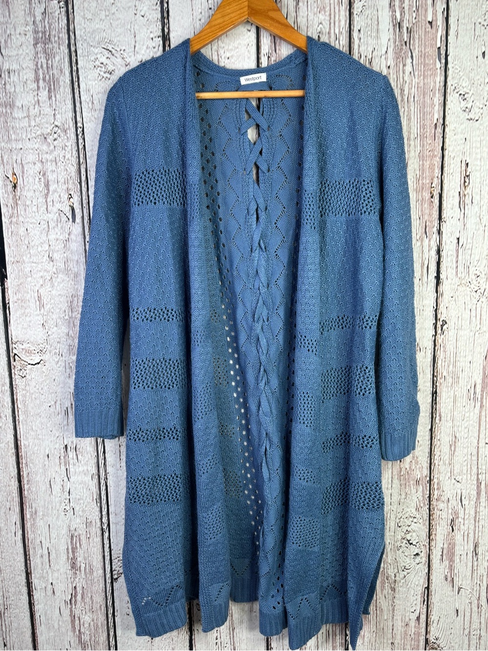 Westport Women’s XL Open Front Blue Longline Cardigan Sweater Lace Back FALL!